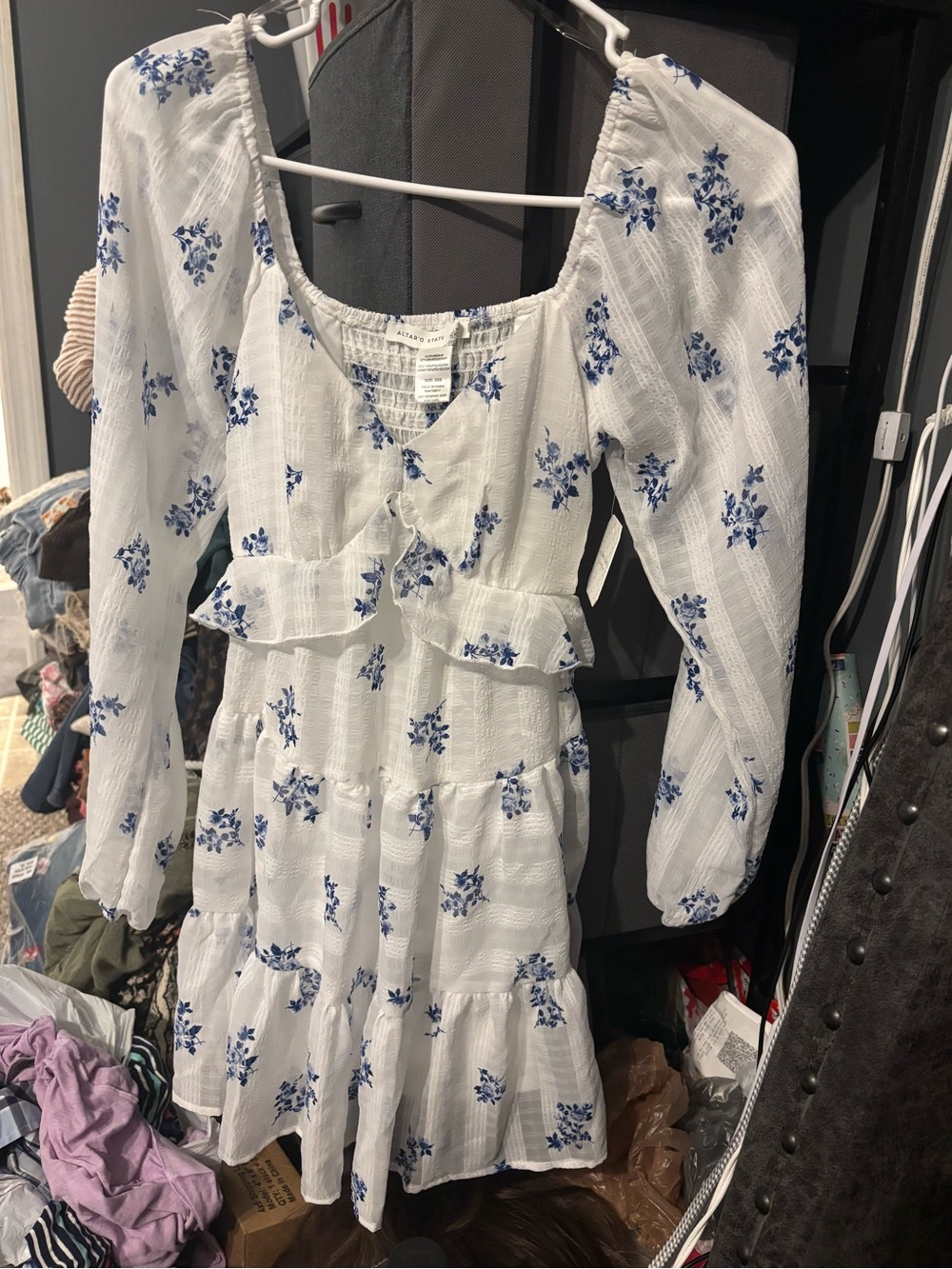 Altar'd State White Dress with Blue Floral Print XXS